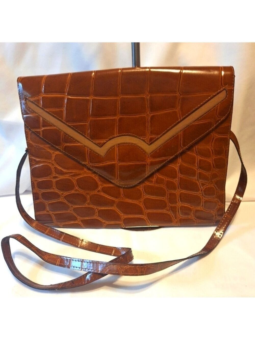 Marforino Croc Embossed brown leather envelope clutch crossbody bag 12x9